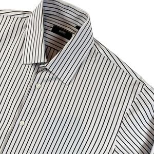 Boss Hugo Boss Striped Dress Shirt Men's 15.5 32/33 Purple Brown White Stripes